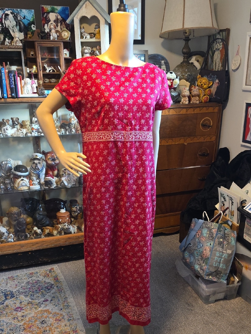 Talbots Red Floral Linen Maxi Dress with White Print
